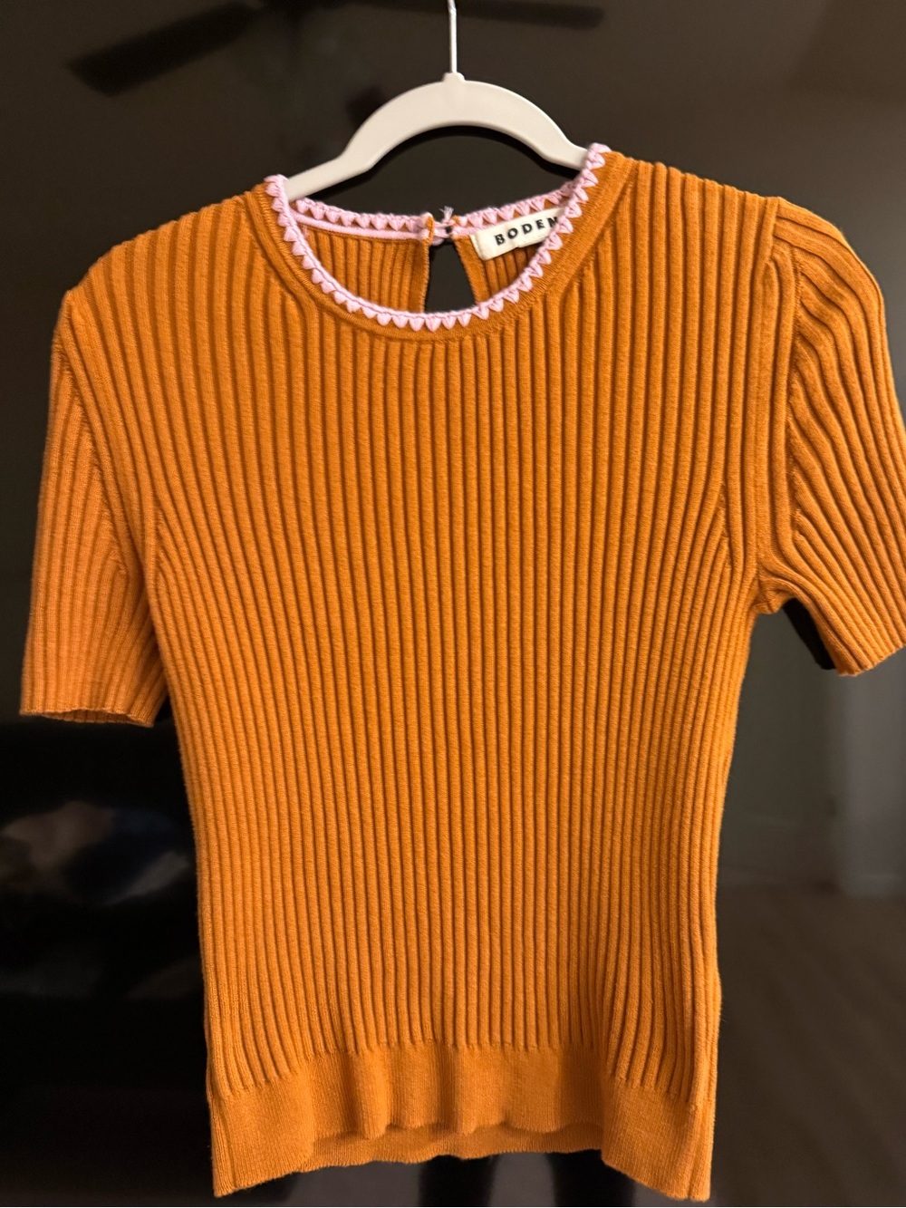 Boden Ribbed Short-Sleeve Top in Orange with Pink Trim